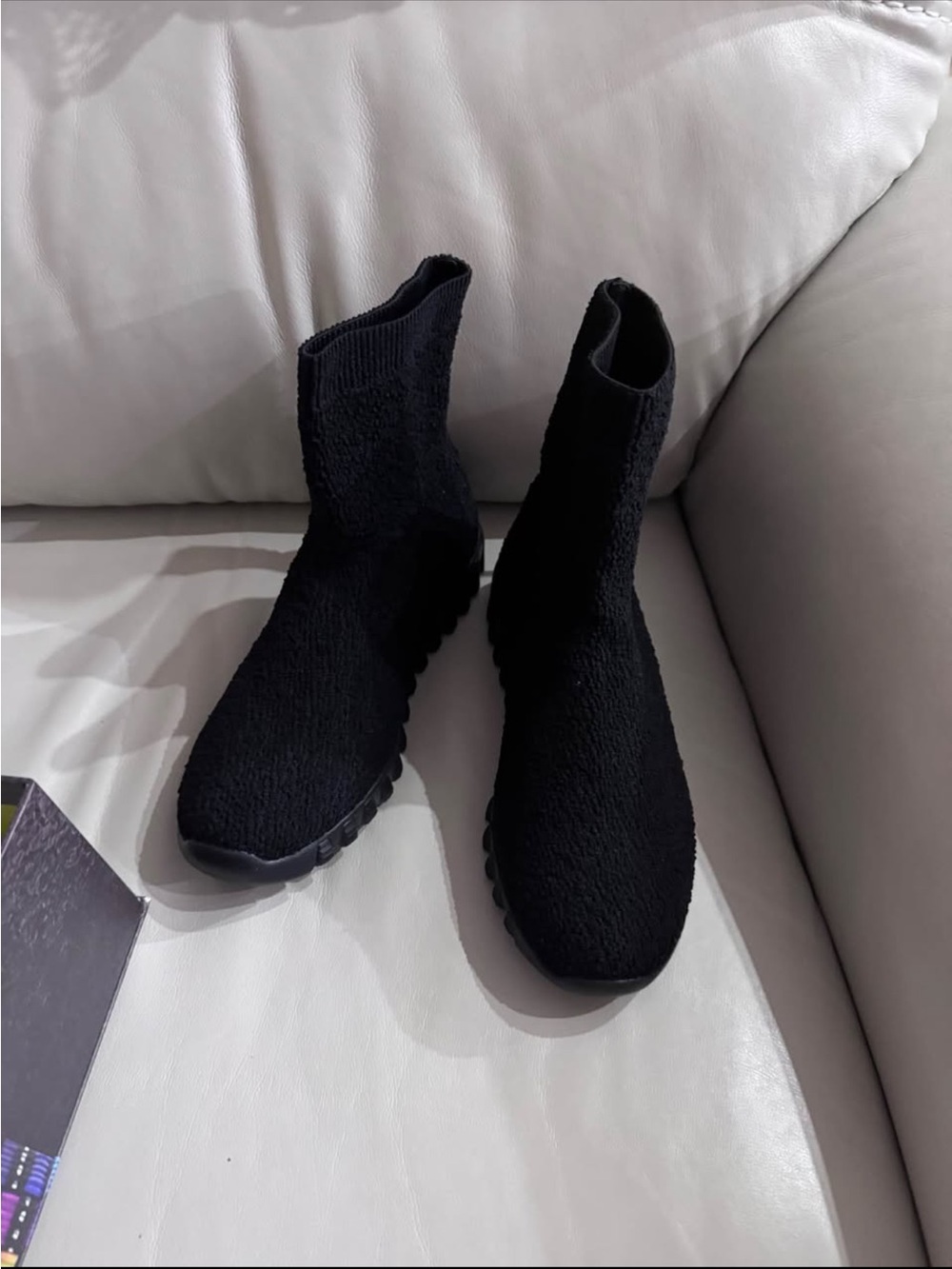bernie mev. Black Knit Lace-Up Sock Boots with Rugged Sole